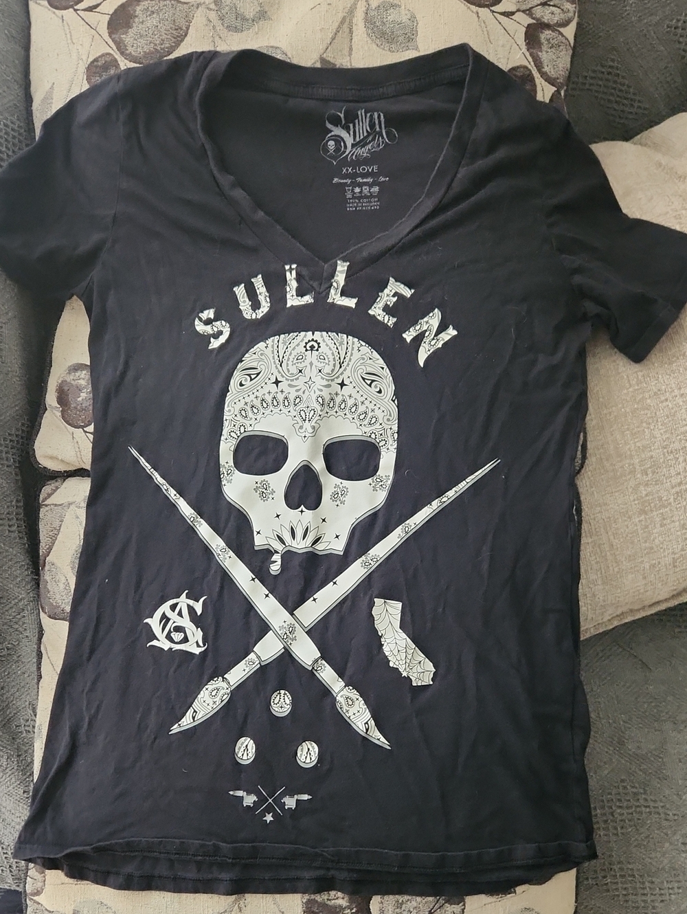 Love Black Graphic V-Neck Tee with White Skull Logo